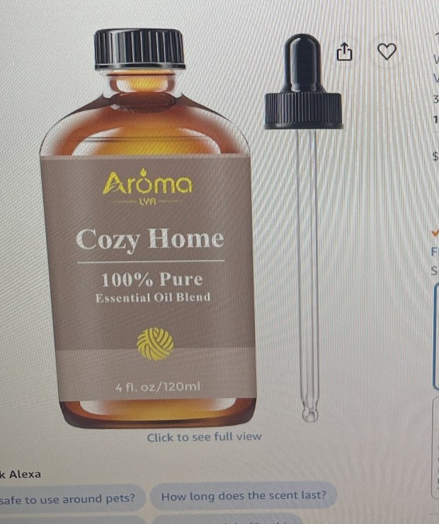 AromaLYA Cozy Home essential oil blend bottle and dropper