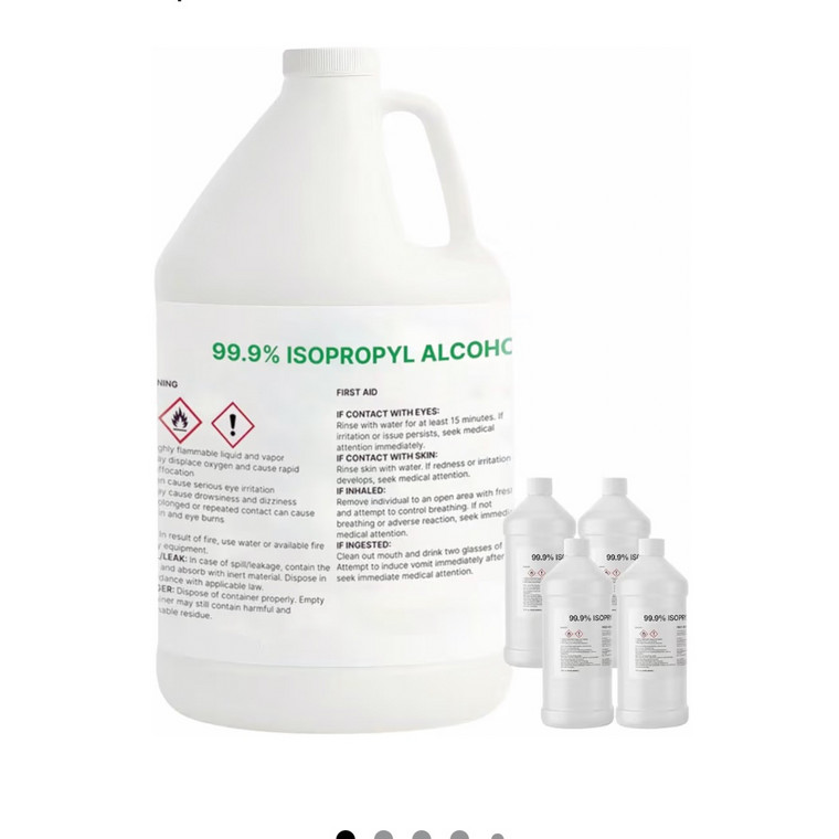 One-gallon jug of Five Star Materials 99.9% pure isopropyl alcohol with four quart bottles